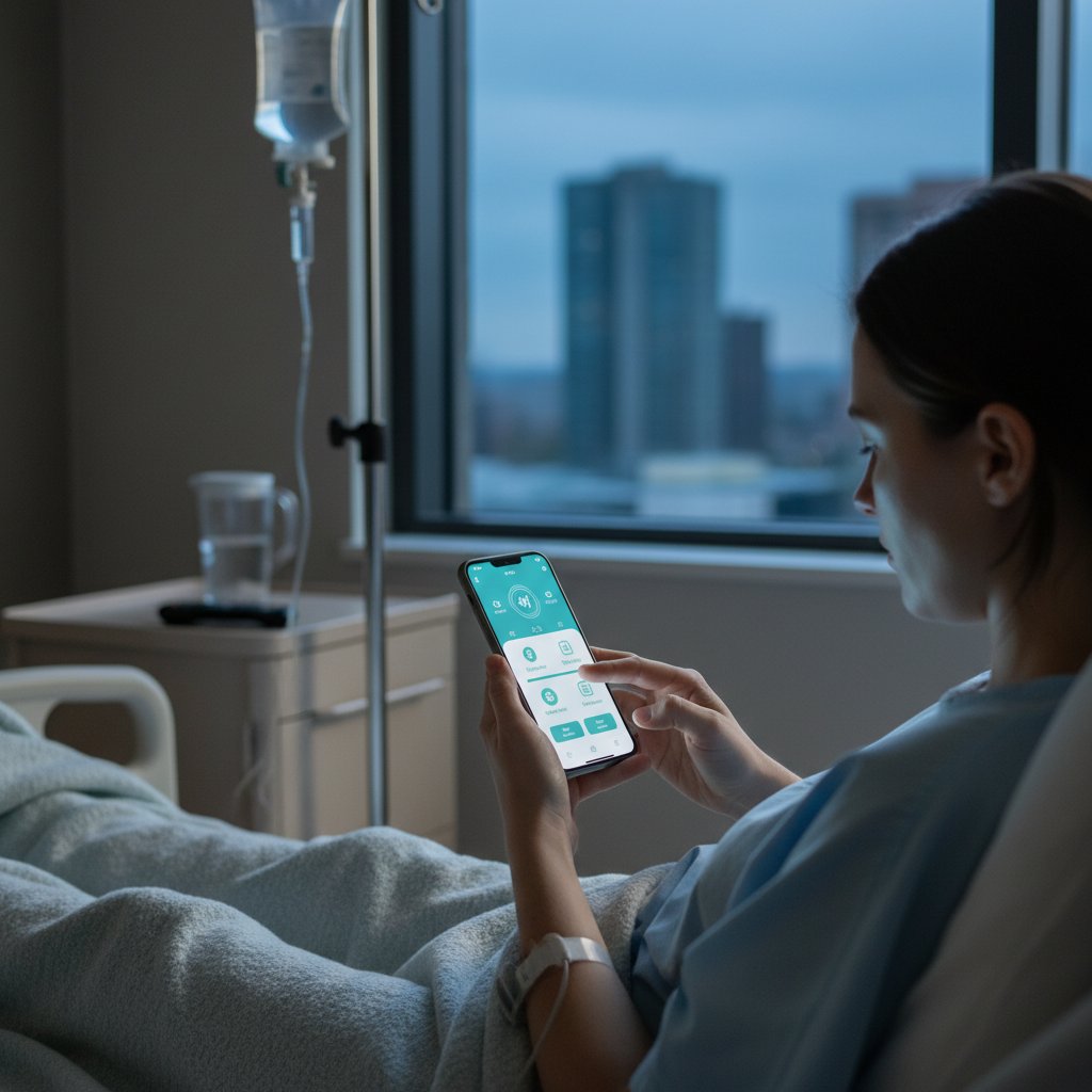 Pacjent używający smartfona w szpitalu, obok niego tablet z aplikacją zdrowotną – nowoczesność kontra analog