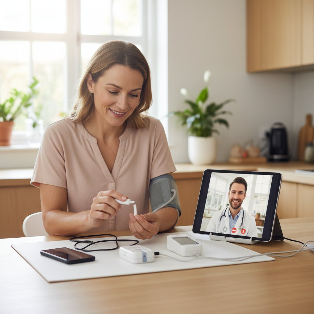 Pacjent korzystający z telemedycyny i wykonujący test POCT w domu