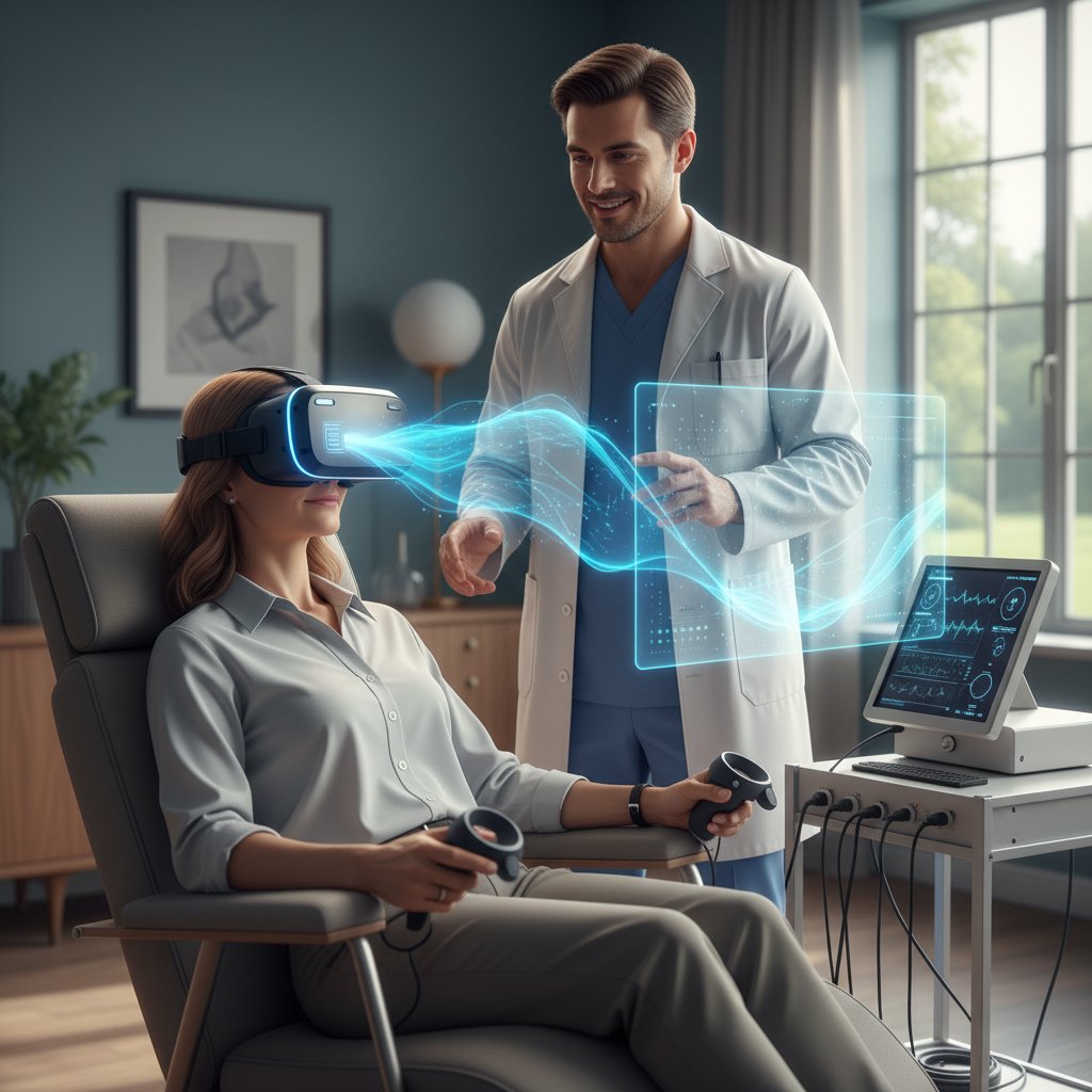 Pacjent korzystający z VR do terapii bólu fantomowego pod nadzorem specjalisty