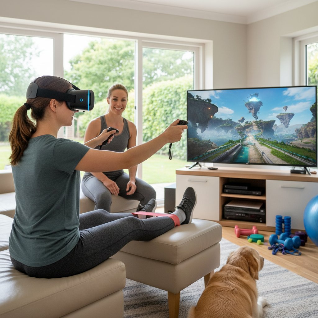 Pacjent używający gogli VR w domowych warunkach podczas ćwiczeń rehabilitacyjnych