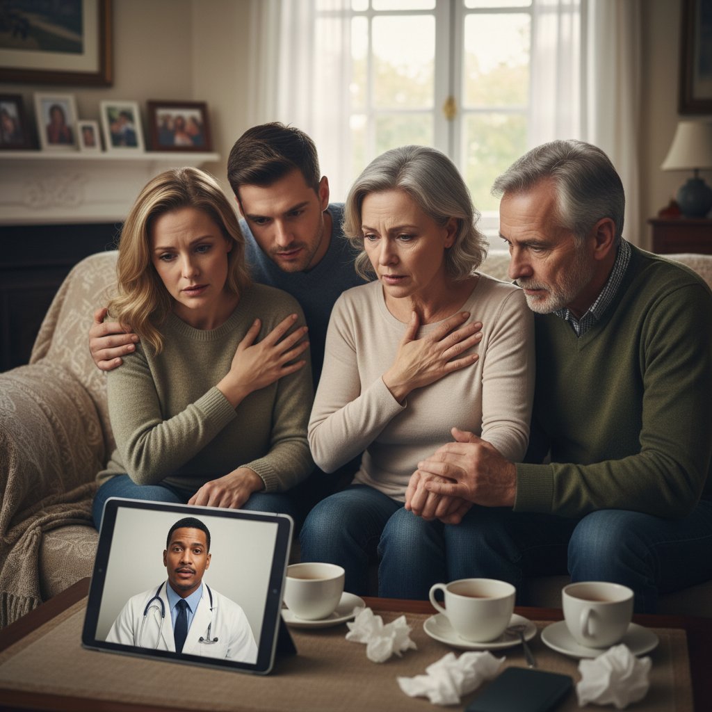 Pacjent rozmawiający z lekarzem przez wideokonsultację, rodzina zaniepokojona w tle, domowa scena