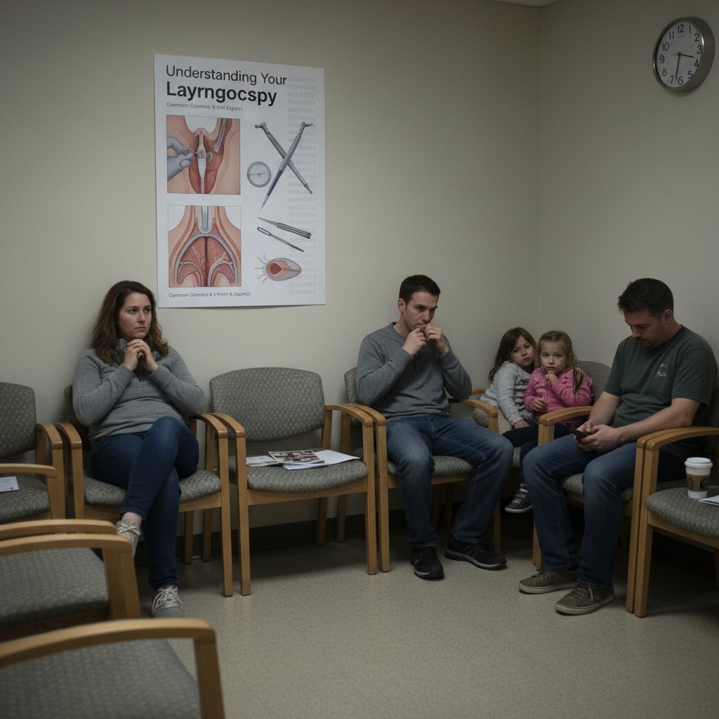 Pacjent siedzi spięty w poczekalni, obok plakat z informacją o badaniu laryngoskopowym