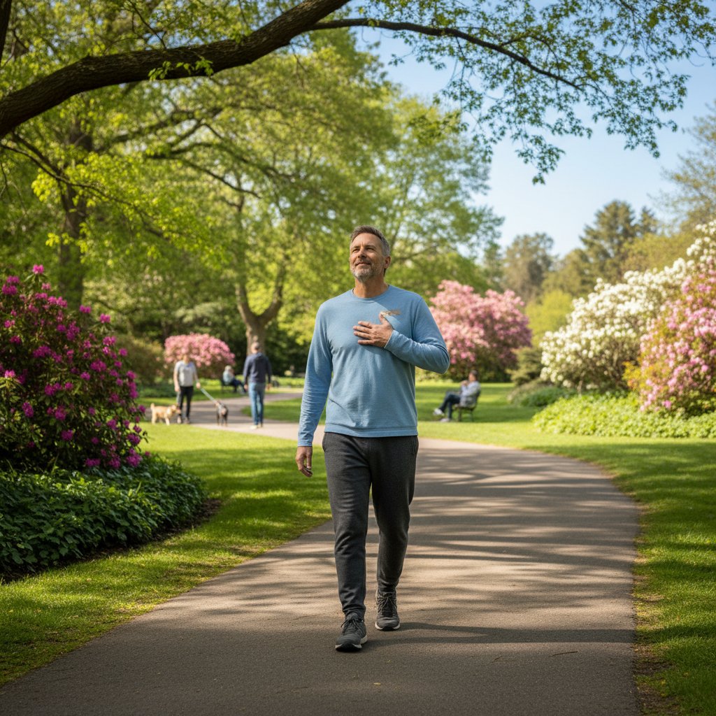 Zdjęcie osoby spacerującej po parku w pierwszych dniach po ablacji serca, wyraz ulgi i ostrożności