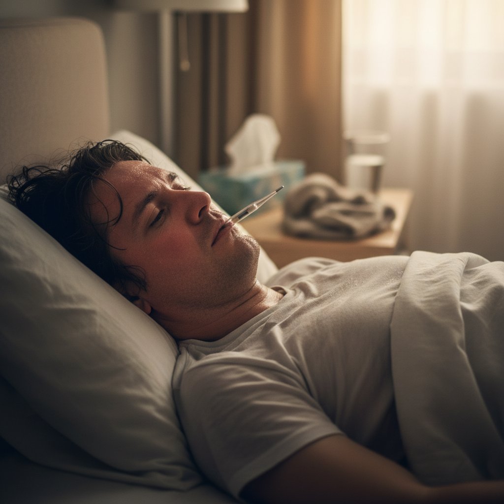 Zdjęcie pacjenta z objawami gorączki, potliwości i zmęczenia, realistyczna scena w domu