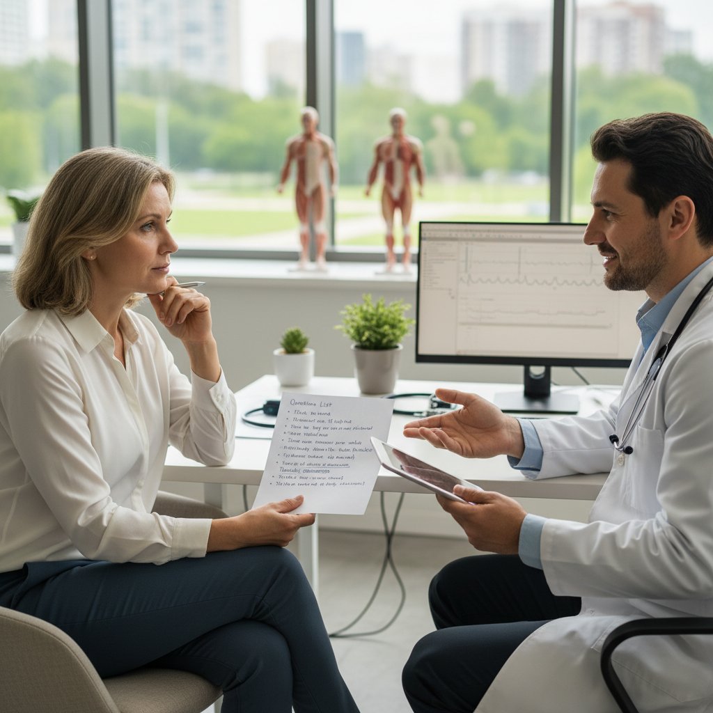 Pacjent z listą pytań, rozmowa z lekarzem, atmosfera zaufania