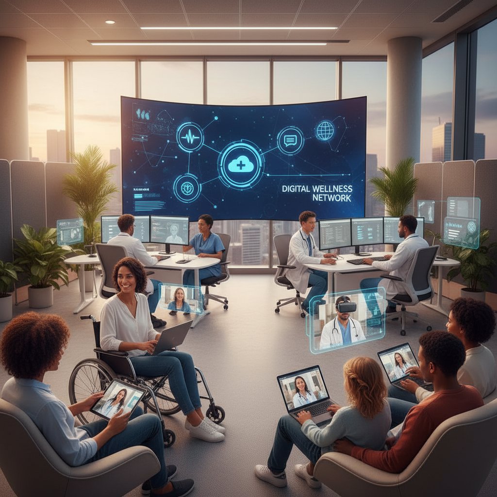 Grupa pacjentów i personelu korzysta ze wsparcia online do wdrożenia IoMT