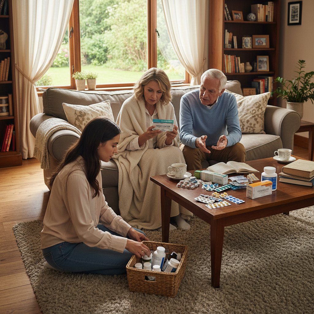 Portrety osób w różnym wieku, trzymających opakowania leków, na tle domowego wnętrza