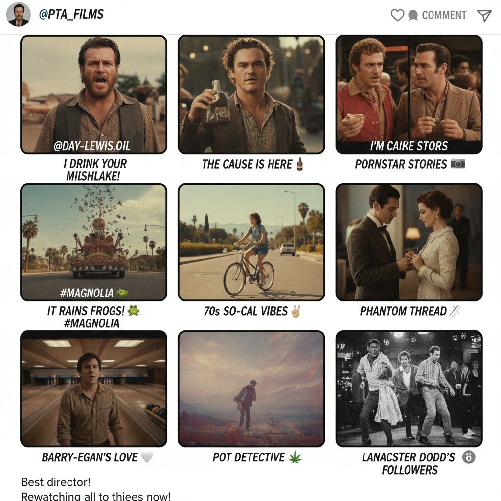 Collage of iconic Paul Thomas Anderson scenes reimagined as social media posts, bright colors, 16:9