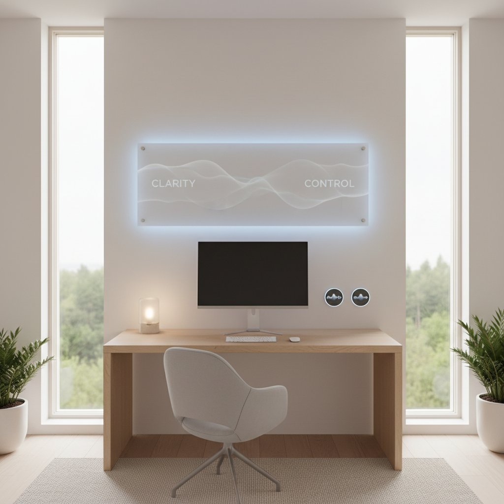 Minimalistyczne biurko symbolizujące porządek cyfrowy, poczucie kontroli i klarowności