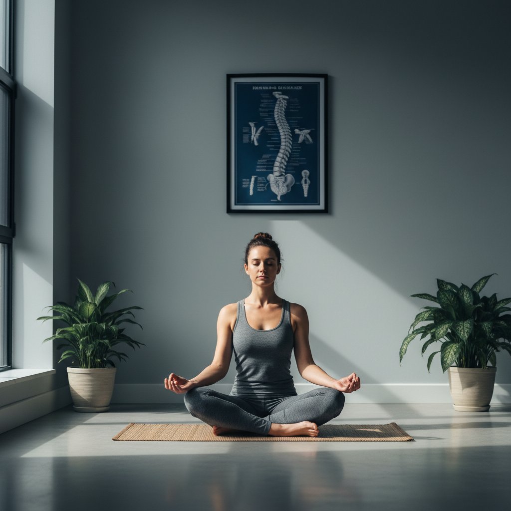 Osoba ćwicząca mindfulness w mieszkaniu z plakatem anatomicznym kręgosłupa, spokojny klimat