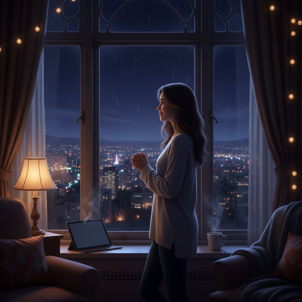 Cisza i spokój po wieczornej rozmowie online – spokojna noc, osoba patrząca przez okno, poczucie ulgi i nadziei