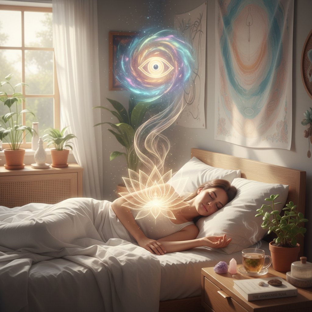 Osoba śpiąca spokojnie w jasnej sypialni, symbol poprawy zdrowia po przebudzeniu duchowym