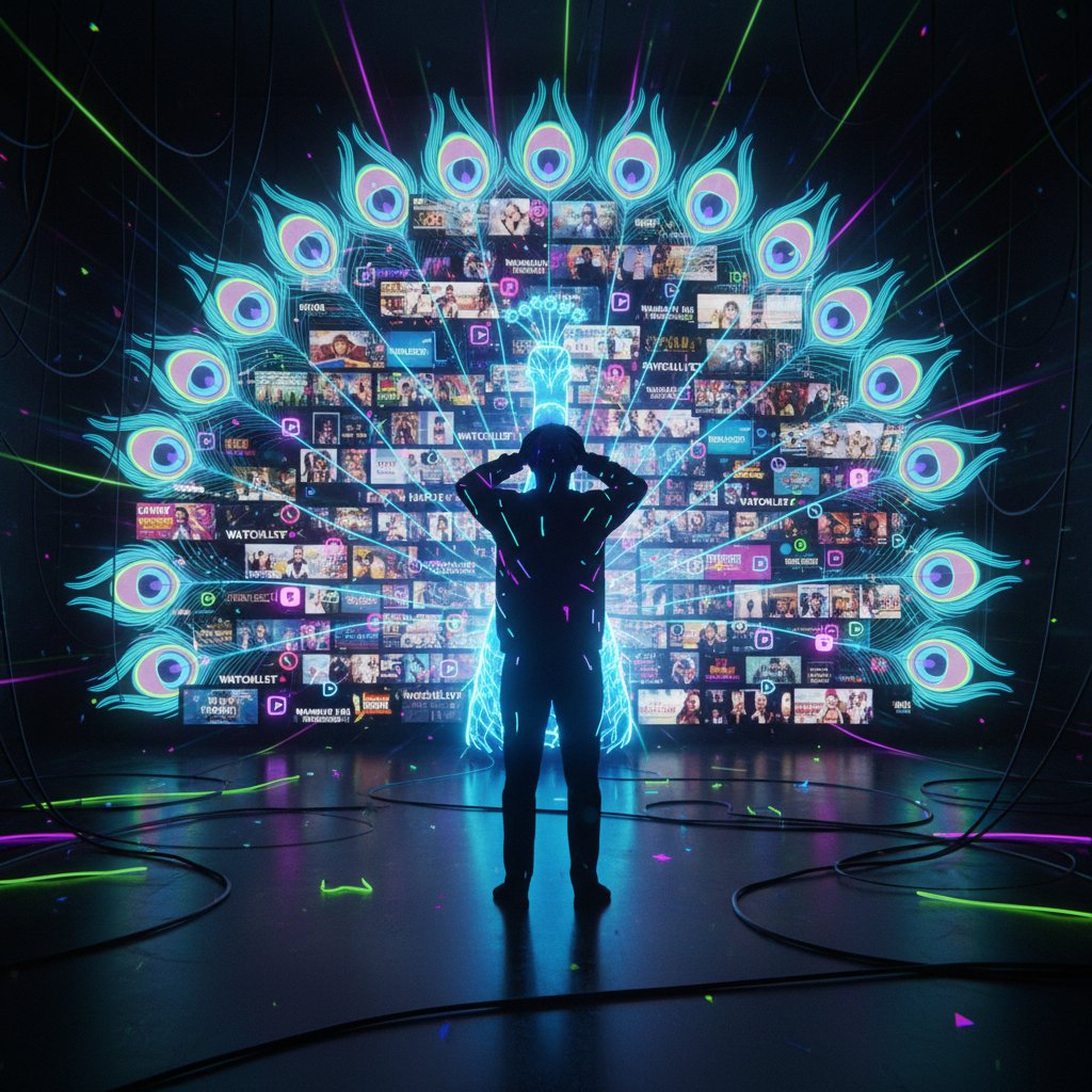 Overwhelmed by a huge Peacock watchlist, digital overload, neon shadows, person stressed