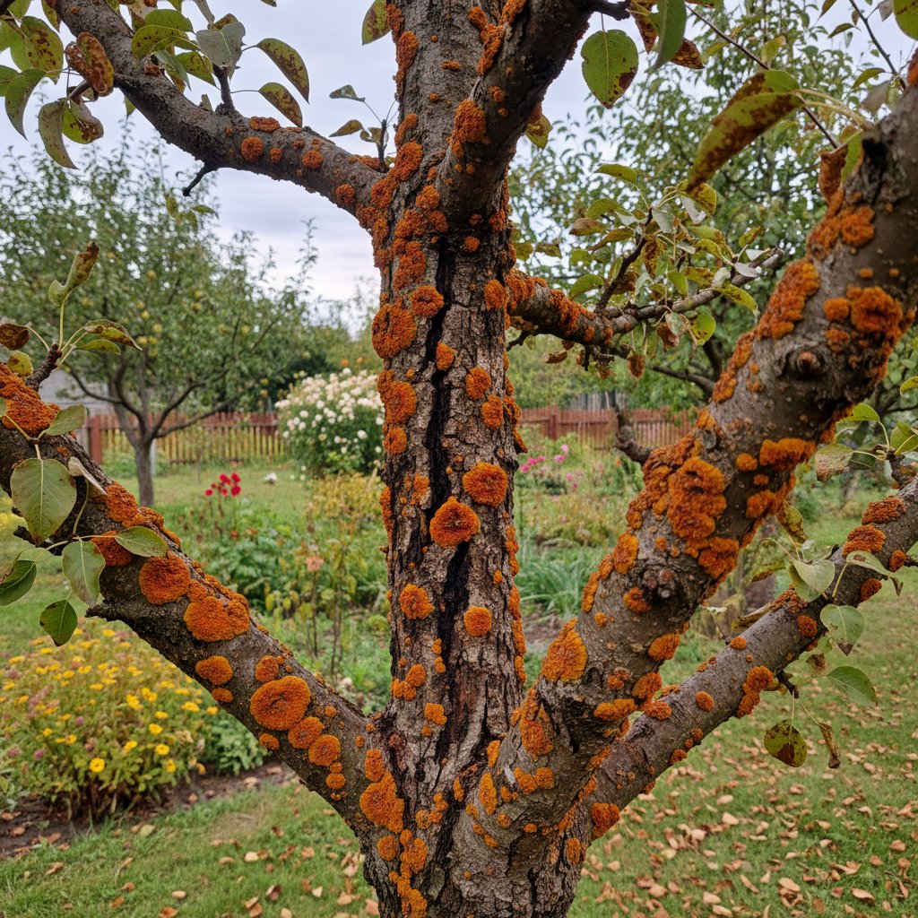 Grusza z pomarańczowymi plamami rdzy, pęknięcia na korze, polski ogród