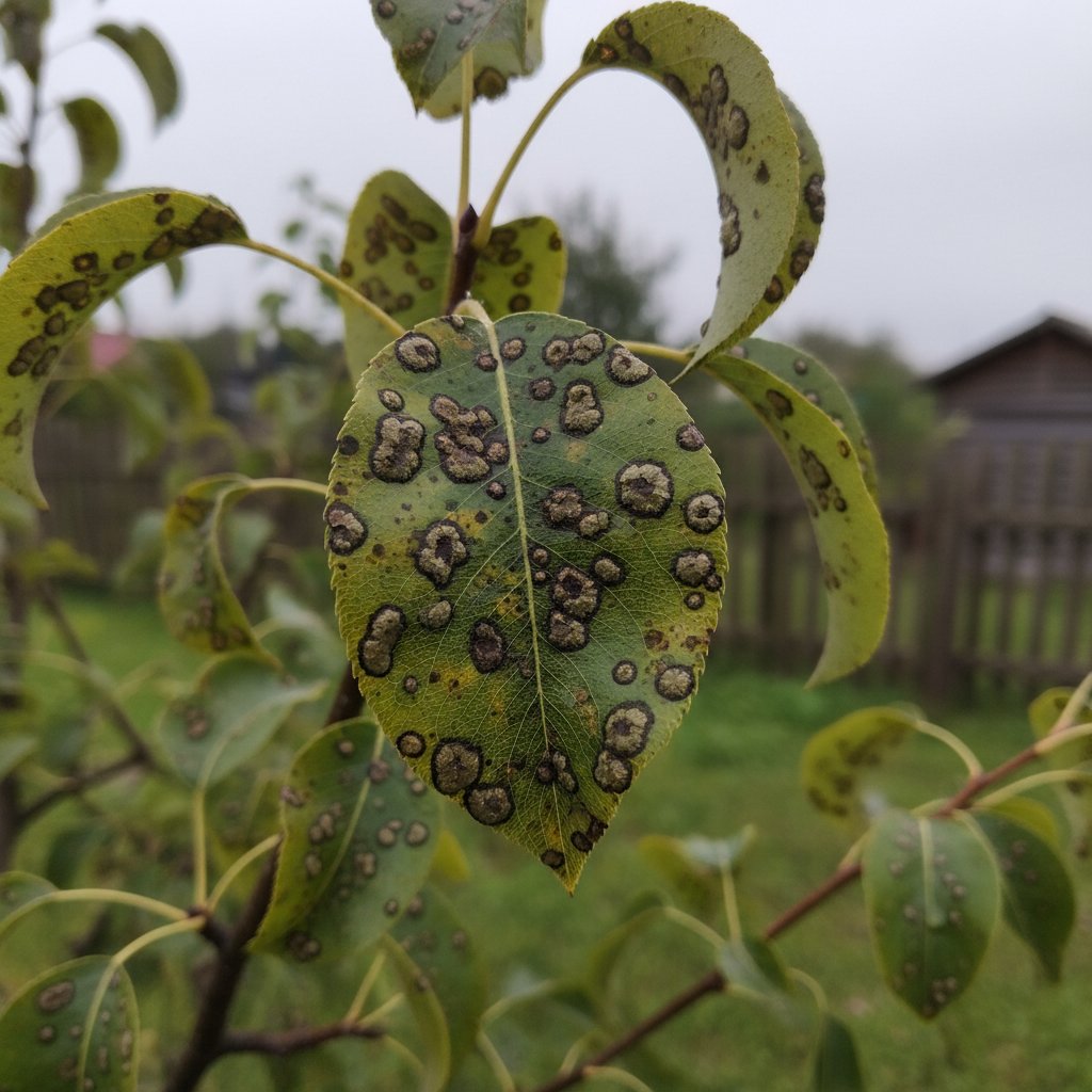Zbliżenie na liść gruszy z drobnymi plamkami i deformacją, realistyczne zdjęcie polskiego ogrodu
