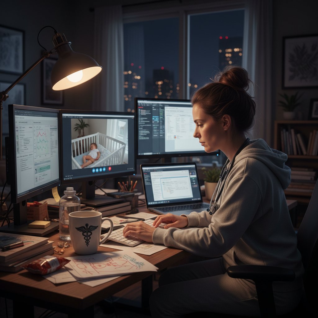 Lekarz pediatra online podczas pracy zdalnej, dokumentalny styl, noc, kubek kawy i kilka ekranów
