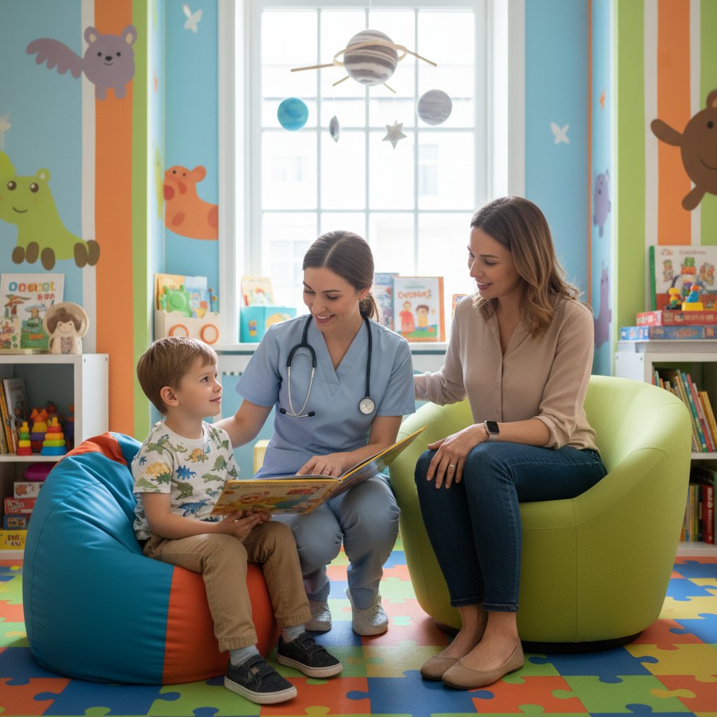 Pediatra prowadzący badanie podmiotowe z dzieckiem i rodzicem.