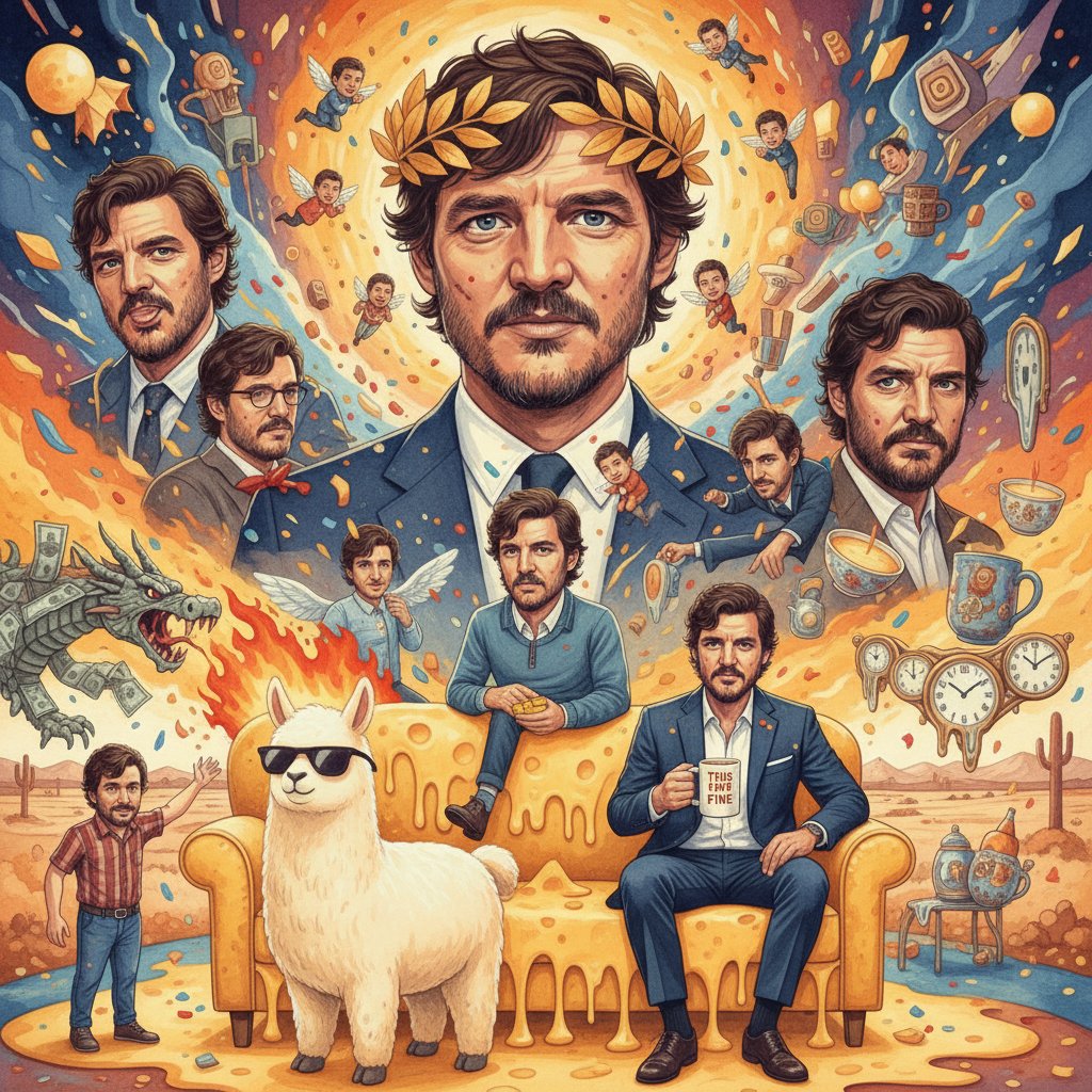 Pedro Pascal as a meme icon, colorful, surreal montage of meme moments, Pedro Pascal movies keyword