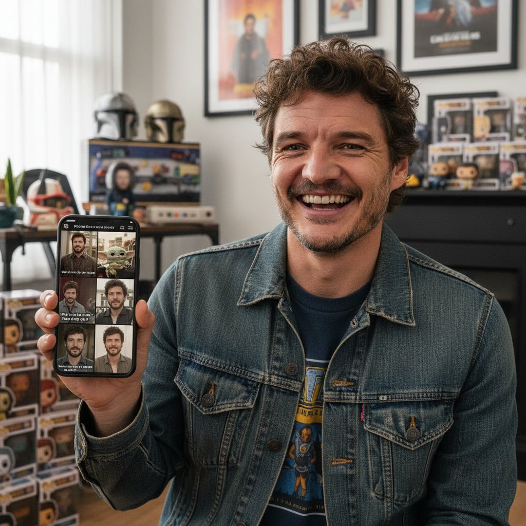 Pedro Pascal as a pop culture icon online, playful collage of memes and fan art, Pedro Pascal movies keyword