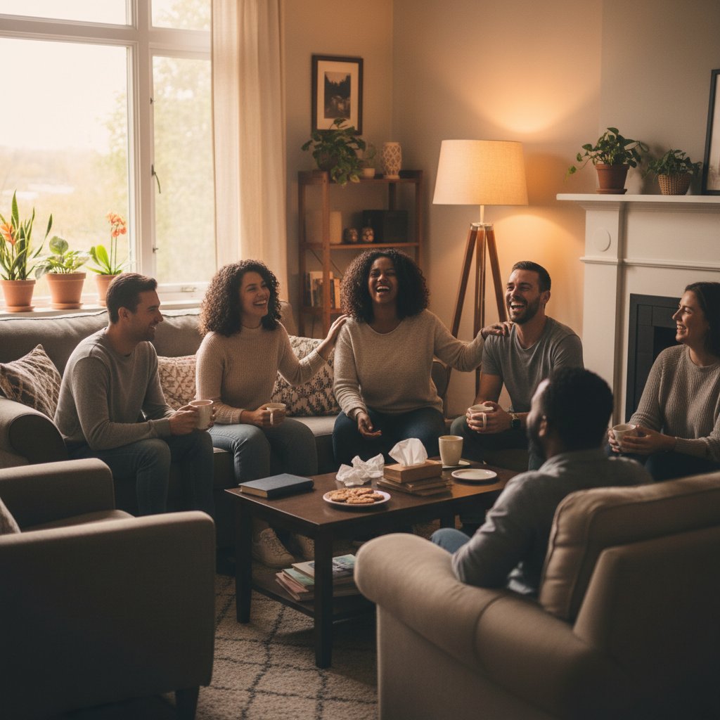 Grupa osób siedząca w kręgu, dzieląca się historiami w ciepłym świetle, symbolizująca wsparcie rówieśnicze w Polsce