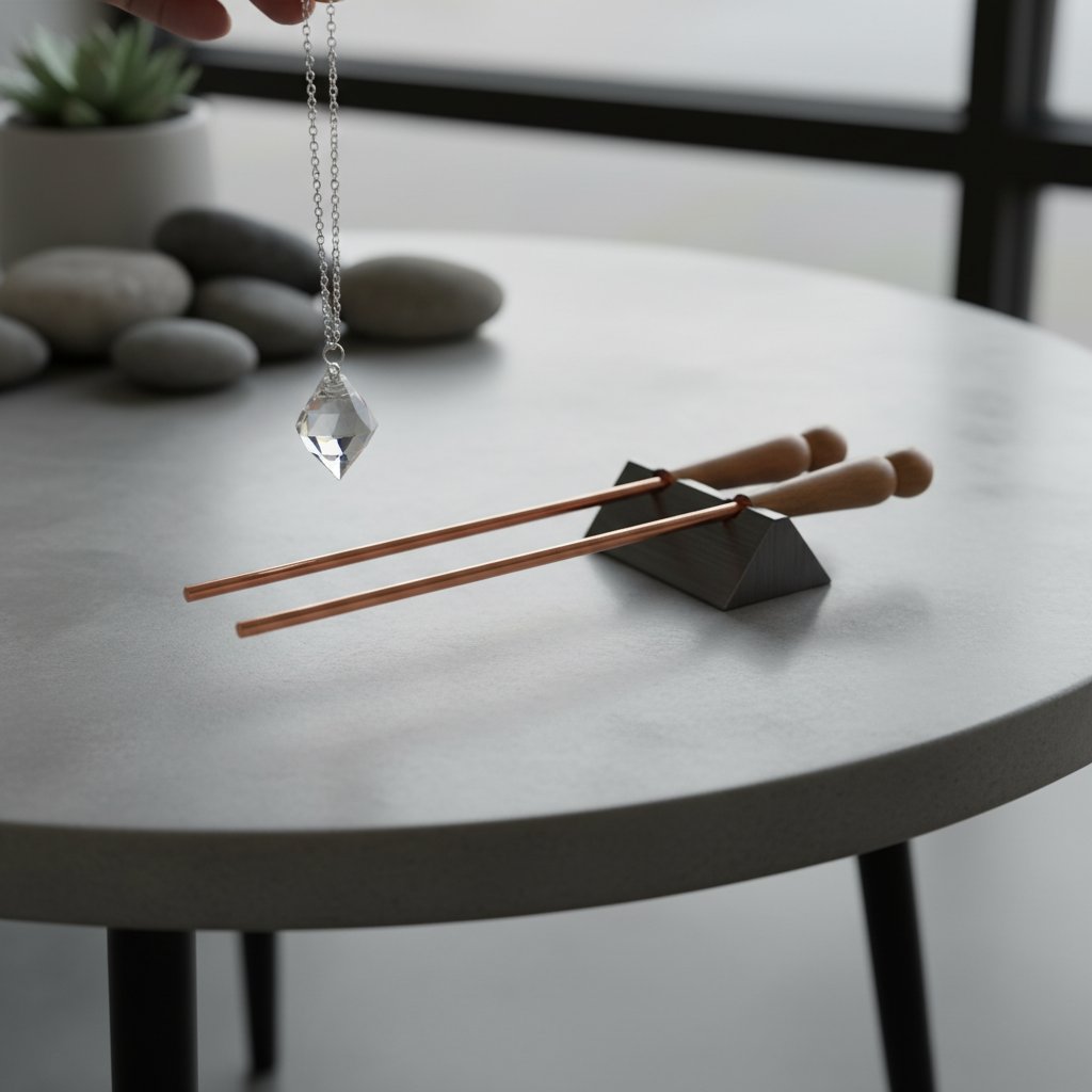 Zbliżenie na narzędzia radiestezyjne – wahadełko i różdżka, nowoczesny stół