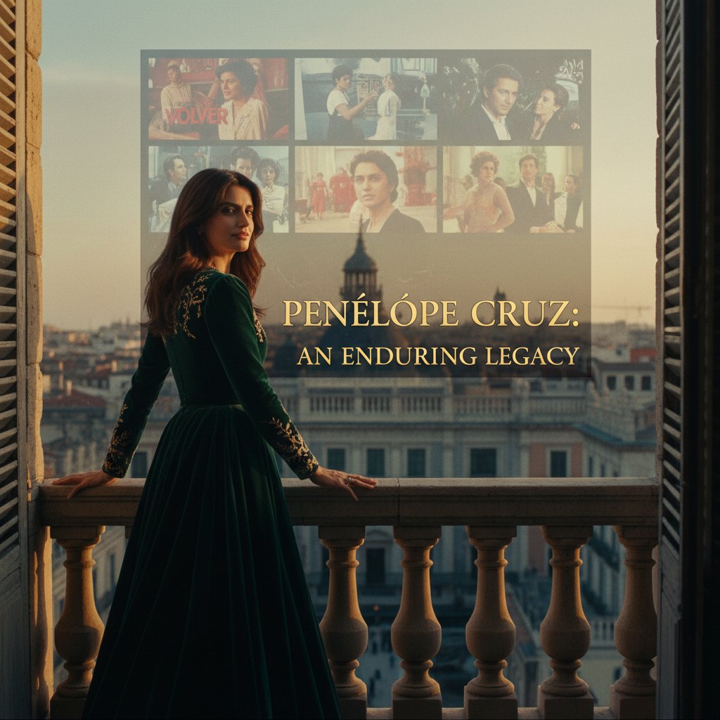 Penelope Cruz, symbolizing enduring legacy: a high-contrast photo with her face half in shadow, half in light