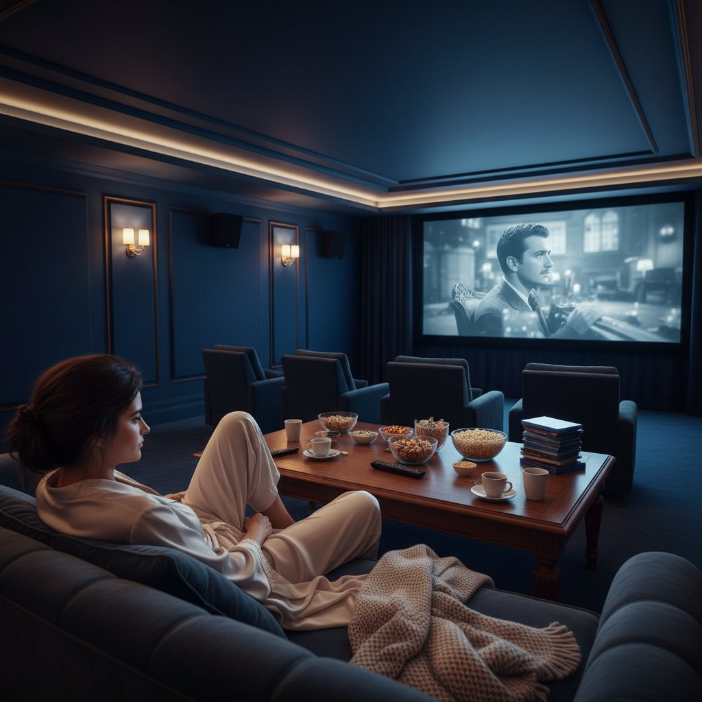 Penelope Cruz movie marathon night, cozy home theater with her films on screen