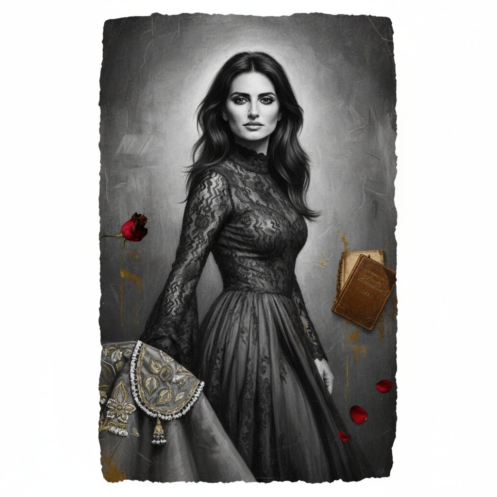 Penelope Cruz as a cross-cultural film icon, blending Spanish and Hollywood elements, artistic portrait