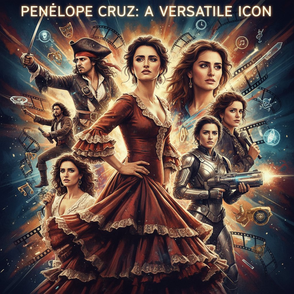 Penelope Cruz in a range of film genres, dynamic collage showcasing her genre diversity