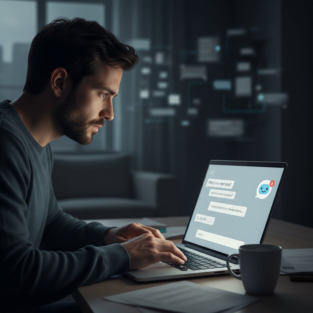 Osoba zamyślona przed ekranem laptopa, na którym aktywny jest chatbot AI, atmosfera niepewności