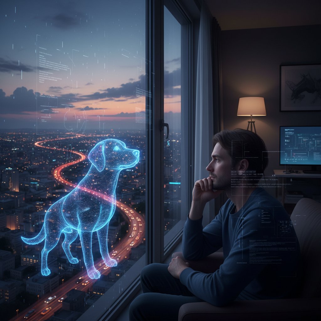 Osoba zamyślona z sylwetką wirtualnego psa na tle miasta, symbolizująca refleksję nad cyfrową przyjaźnią