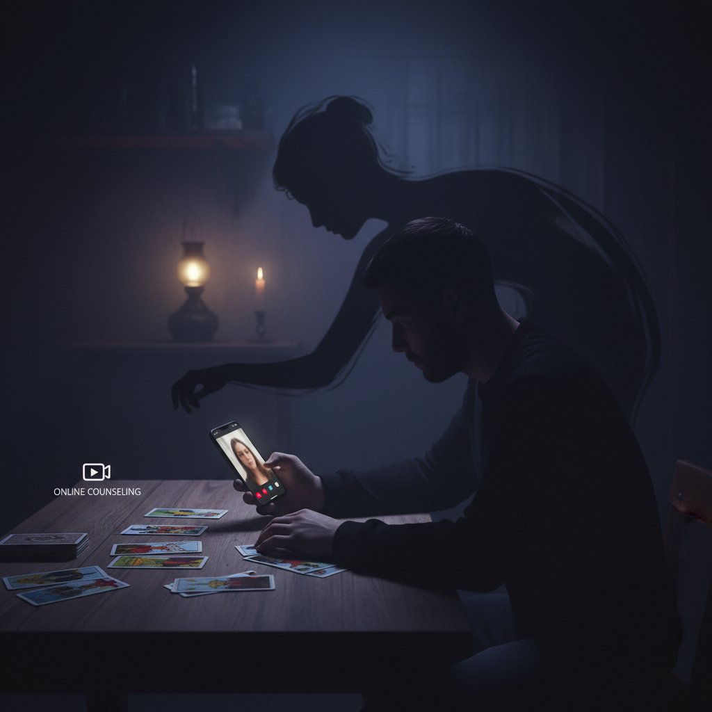 Symbolfoto: Nachdenkliche Person allein im Dunkel, mit Handy und Tarotkarten, schwankend zwischen Hoffnung und Zweifel – Schattenseite der Online-Beratung