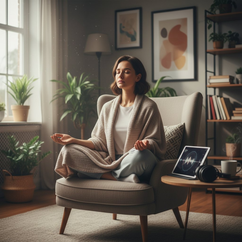 Osoba zamyślona, siedząca na podłodze w domowym wnętrzu, skupiona na ćwiczeniu mentalnym, trening autogenny