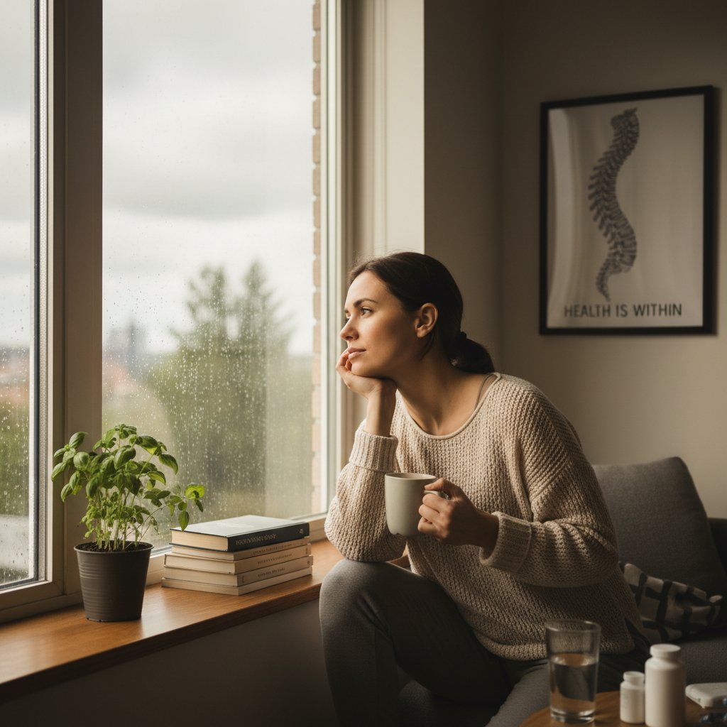 Osoba zamyślona, patrząca przez okno, domowe otoczenie, atmosfera refleksji, temat zdrowie