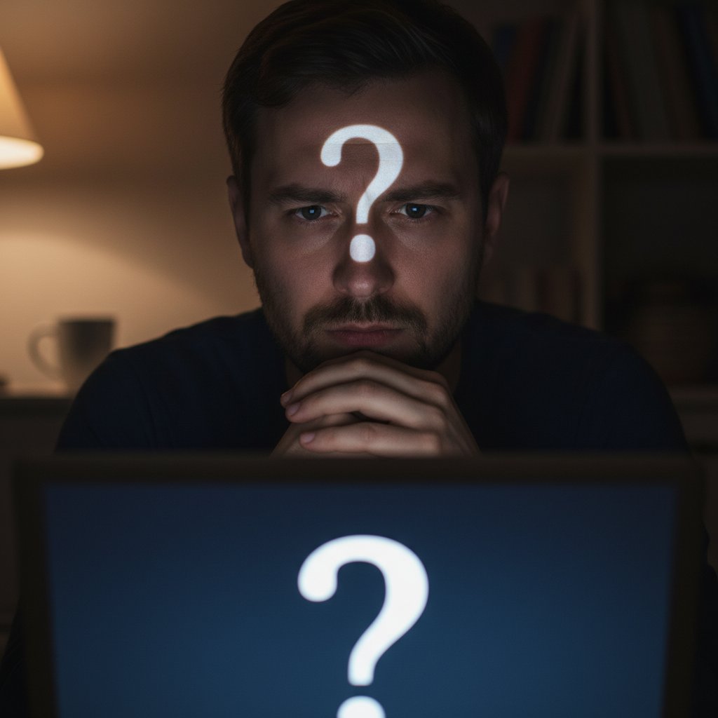 Zamyślona twarz Polaka odbijająca się w ekranie laptopa, chatbot AI, refleksja, pytania o zaufanie