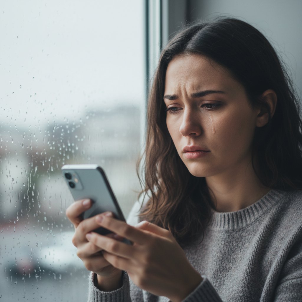 Zdjęcie kobiety patrzącej refleksyjnie na telefon, z domieszką niepewności i smutku