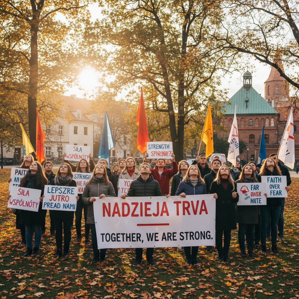 Ludzie powtarzający afirmacje w parku, polska aura, wspólnota i nadzieja w trudnych czasach