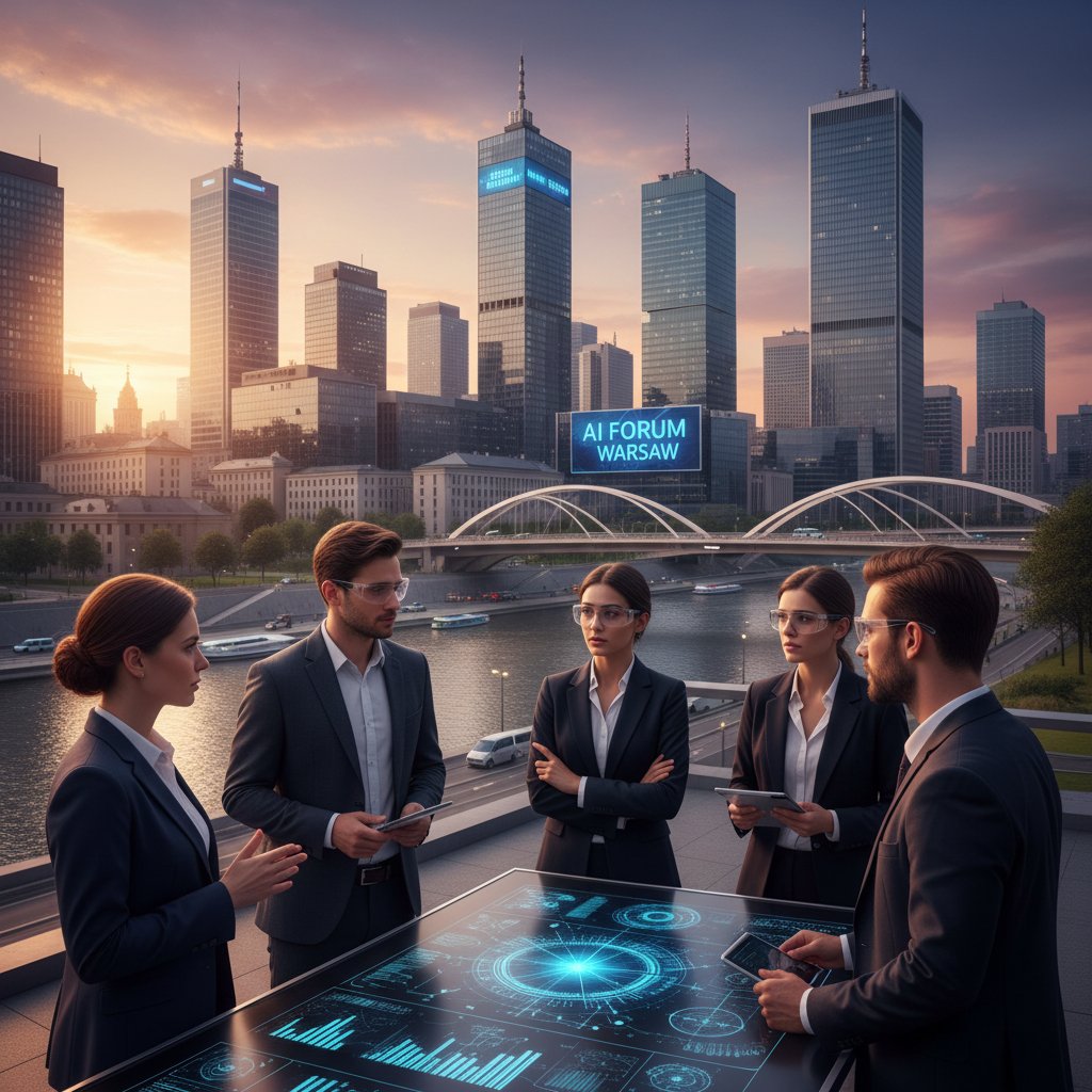 Zdjęcie: Grupa osób dyskutująca o AI na tle warszawskiego skyline’u