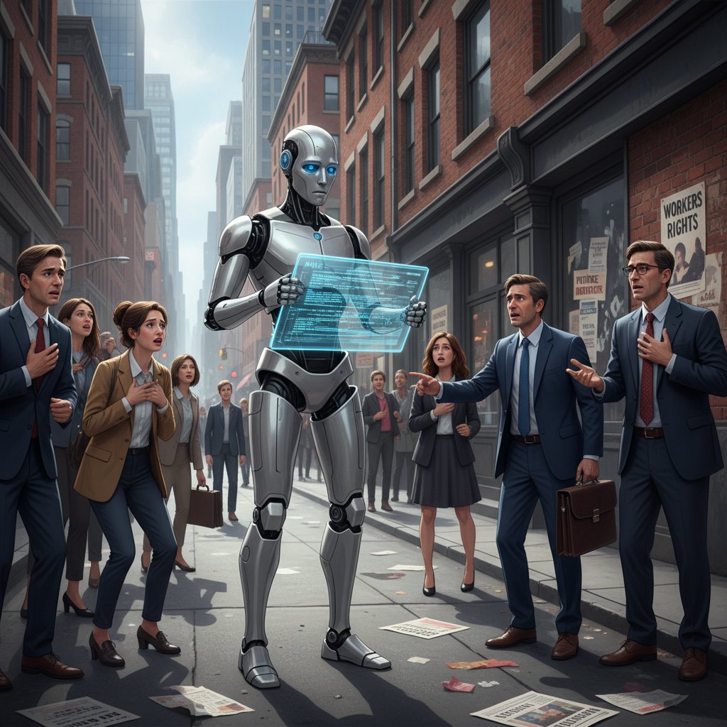 Grupa ludzi patrzących z niepokojem na humanoidalnego robota na ulicy, symbol społecznych obaw