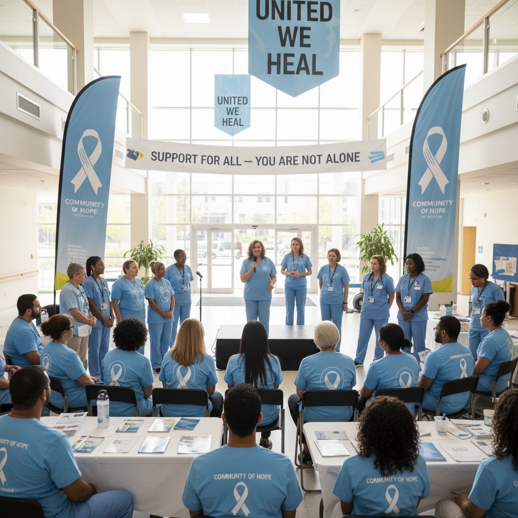 Grupa osób podczas kampanii edukacyjnej o raku krtani, baner z hasłem profilaktycznym, wsparcie społeczne