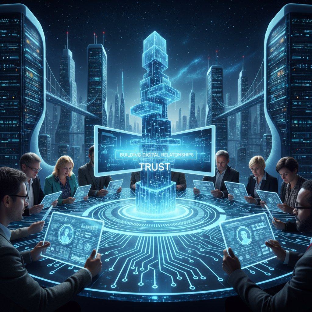 Osoby budujące cyfrowe relacje, siedzące przy komputerach po dwóch stronach ekranu, atmosfera zaufania