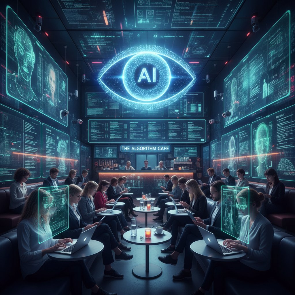 Grupa ludzi w kawiarni, każdy zapatrzony w ekran, cyfrowe symbole monitorowania w tle