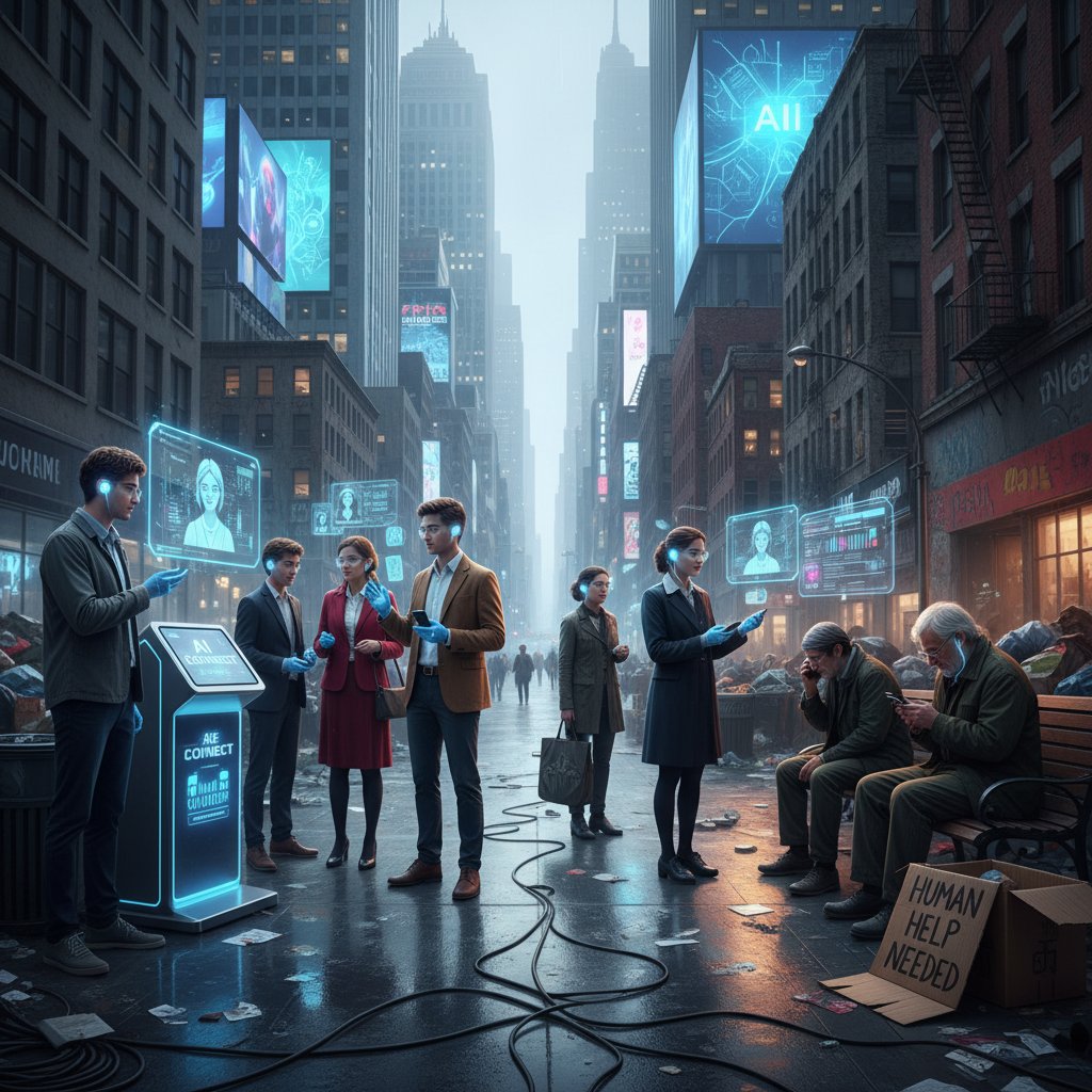 Dwie osoby rozmawiają przez czat AI, w tle widać podział na ludzi i maszyny, kontrast między technologią a relacjami