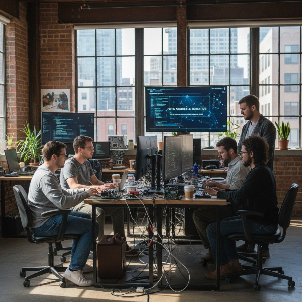Ludzie dyskutujący przy komputerze z otwartym kodem AI na ekranie