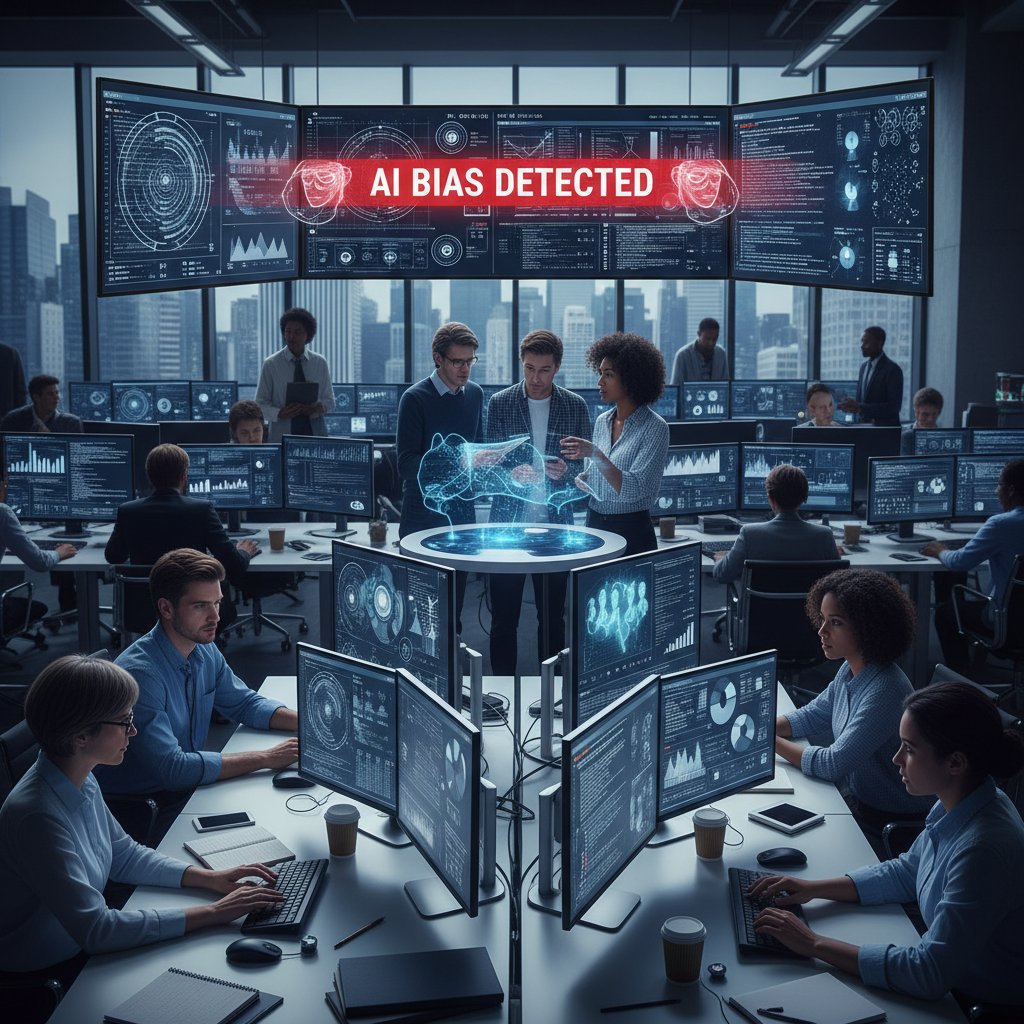 Grupa ludzi analizuje dane na monitorach – ilustracja dylematu stronniczości AI