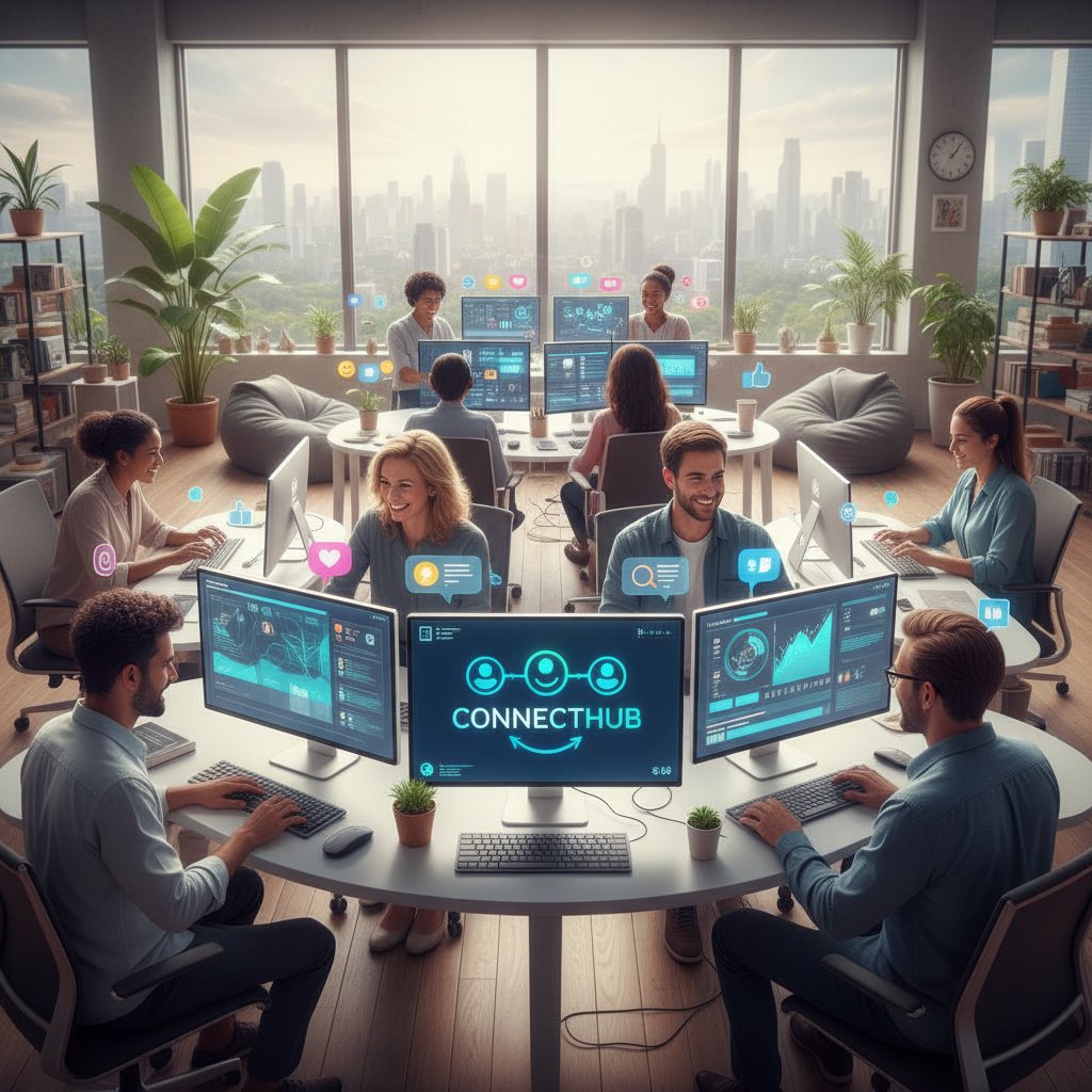 Ludzie siedzący przy komputerach w jasnym pokoju, rozmawiający w pozytywnej cyfrowej społeczności