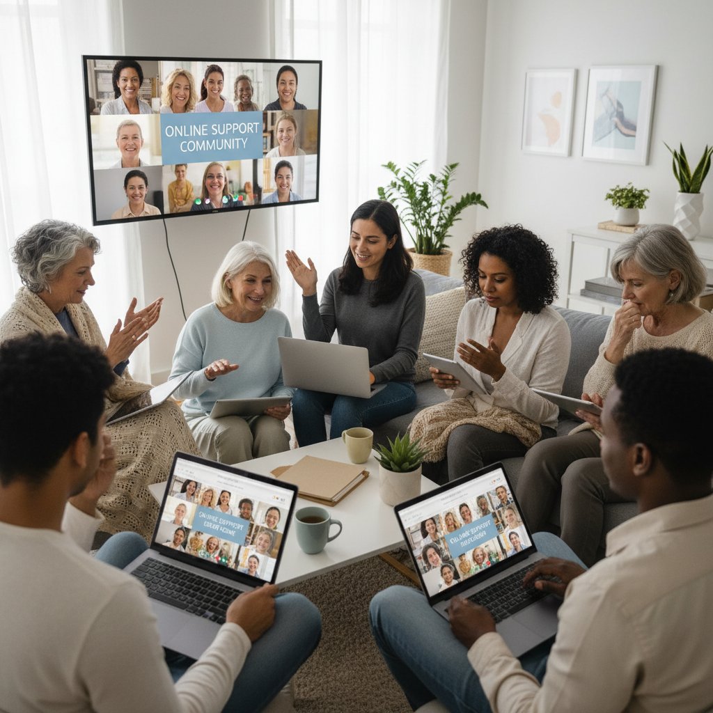 Ludzie przy komputerach uczestniczący w internetowej grupie wsparcia, atmosfera wspólnoty i zrozumienia