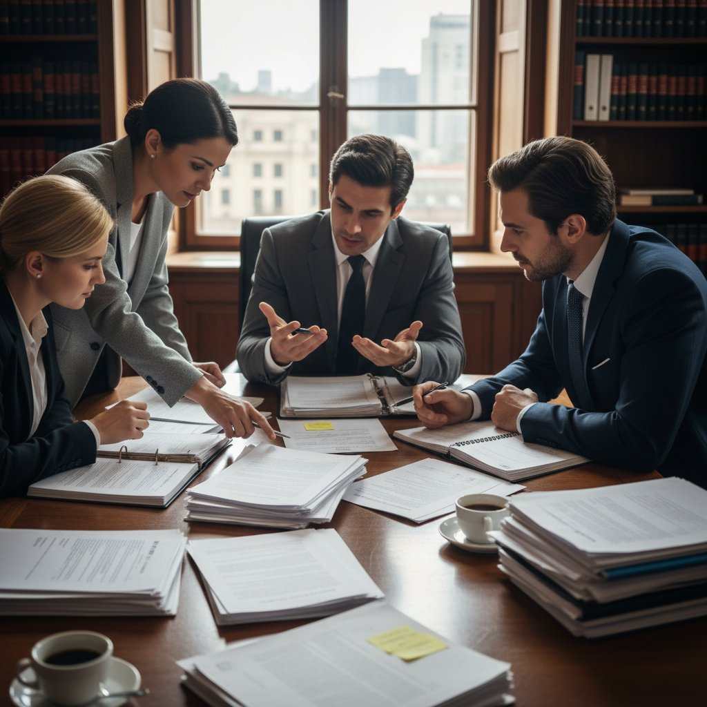 Grupa ludzi dyskutuje nad dokumentami sądowymi przy stole, symbolizując społeczny aspekt procesu