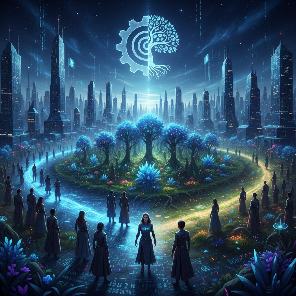 Ludzie stojący na rozdrożu: jedna droga prowadzi ku cyfrowej metropolii, druga w kierunku lasu analogowych znaków, symboliczny wybór