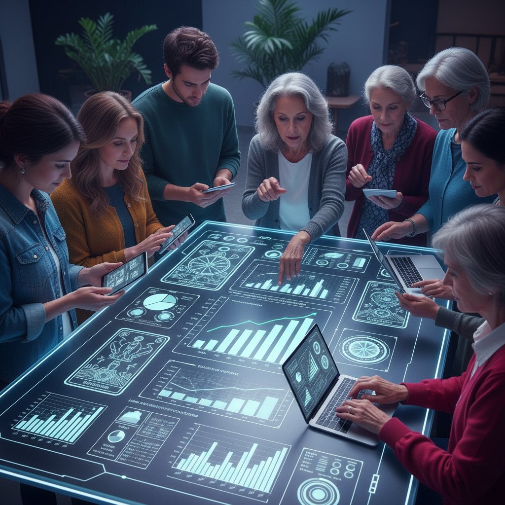 Statistisches Symbolfoto: Verschiedene Menschen unterschiedlichen Alters am Laptop oder Smartphone mit Tarotkarten-Interface – Online Wahrsager Nutzung